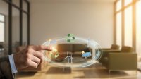 Businessman hand holding transparent globe with renewable energy icons including wind turbines and solar panels, representing sustainable business solutions and green technology innovation.
