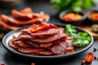 Sliced Chinese roast duck arranged on plate with chili peppers and herbs, traditional Asian cuisine preparation for restaurant menu or cooking.