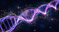 DNA double helix structure glowing in purple and pink against starry space background for genetics research and biotechnology concepts.