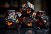 Mystical gaming dice with glowing orange dragon eye design on black surface. Intricate carved details illuminate dark background, creating magical atmosphere for tabletop games.