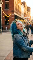 Young woman with vibrant blue hair laughing joyfully on urban street during golden hour. Candid moment of happiness and freedom in city setting.