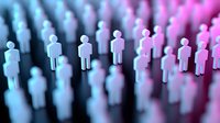 Rows of white human figure silhouettes with colorful blue and pink lighting creating depth and perspective for business and social concepts.
