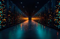 Modern data center corridor with glowing server racks and floating light particles creating futuristic atmosphere. Reflective floor adds depth to technological space.