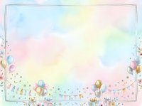 Pastel watercolor birthday background with balloons, gift boxes, bunting flags, stars, and a decorative frame, perfect for cards and invitations.