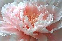 Delicate pink peony flower in full bloom with layered ruffled petals, soft focus macro photography showing intricate petal texture and gentle coral tones.