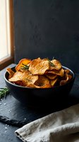 Homemade sweet potato chips with rosemary herbs in black bowl on dark slate background. Healthy organic snack food for natural diet and nutrition.