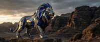 Majestic golden lion statue with blue geometric patterns stands on rocky cliff against dramatic sunset sky in desert landscape for luxury branding projects.