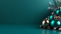 Festive arrangement of turquoise and gold Christmas baubles with pine branches and cones on dark green background with copy space for seasonal designs.