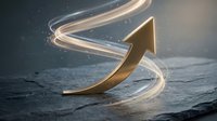 Golden arrow with glowing light trail spiraling upward over ocean waves, symbolizing growth, success, and forward momentum in business and finance.