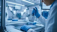 Scientist in white lab coat and blue gloves conducting genetic research using pipette in sterile biosafety cabinet, suitable for biotechnology, pharmaceutical, and medical research publications.