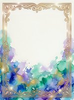 Ornate golden frame with decorative scrollwork corners and watercolor splashes in blue, purple, green, and gold tones at bottom. Isolated on white background, ready for invitations, certificates, and design projects.