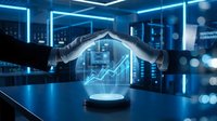 Hands protecting glowing holographic growth chart in modern tech office with neon blue lighting and data servers, representing financial security and business investment protection.