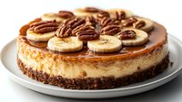 Creamy banana caramel cheesecake topped with fresh banana slices and pecan nuts on chocolate cookie crust, served on white plate. Perfect for dessert menu.