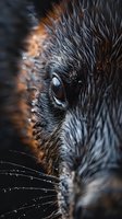 Extreme close-up macro shot of wet dog eye and fur with water droplets, showing detailed texture and reflection in dark moody lighting with orange highlights.