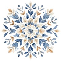 Symmetrical floral mandala in navy blue and beige watercolor featuring delicate leaves arranged in a circular pattern on white background, suitable for fabric design.