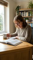 Middle-aged Caucasian woman with glasses reading book at wooden desk by window in cozy home library with plants and bookshelves, enjoying quiet study time.