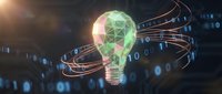 Digital lightbulb with geometric brain pattern surrounded by flowing binary code streams representing artificial intelligence and innovation in technology.