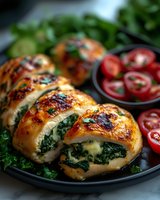 Stuffed chicken breast rolls with spinach filling served on dark plate with cherry tomatoes and fresh herbs for gourmet dinner presentation.