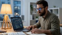 Male developer with dark hair and beard, wearing glasses and casual shirt, working on laptop with code displayed at desk with wooden lamp in modern office environment.