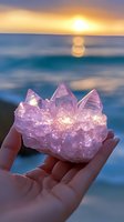Hands holding glowing purple amethyst crystal cluster at sunset over ocean water with golden light reflection creating magical spiritual energy healing moment.