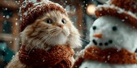 Adorable orange tabby kitten wearing knitted winter hat and scarf with snowman in snowy background, perfect for holiday greeting cards and seasonal designs.