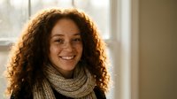 Young mixed-race woman with curly hair wearing cozy knit scarf smiling warmly in bright indoor setting for lifestyle and fashion content.