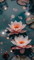 Pink water lilies floating on dark turquoise water with glowing bokeh lights creating magical atmosphere. Serene nature photography for wellness and spa designs.