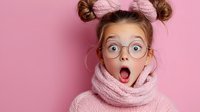 Young girl with surprised expression wearing pink knitted scarf and bow hair accessory, round glasses against pink background showing emotional reaction.