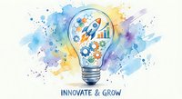Creative lightbulb with rocket and gears inside on colorful watercolor splash background representing innovation, startup ideas and business growth concept.