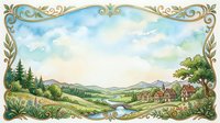 Watercolor fairy tale landscape with village, rolling hills, river, and ornate golden floral frame, copy space for text or greeting card design.