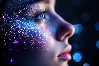 Side profile with glowing sparkles and shimmering makeup effects on face against dark background, featuring bright blue eyes and pink glitter details.