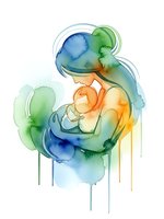 Watercolor mother holding newborn baby in tender embrace with flowing paint drips on white background for motherhood designs.
