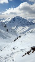 Majestic snow-covered mountain peak rising above pristine winter valley with dramatic white clouds and blue sky, showcasing untouched alpine wilderness landscape.