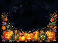 Carved jack-o-lantern pumpkins with autumn leaves and golden flourishes on dark starry background, isolated design for fall seasonal greeting cards, invitations, and Halloween decorations.