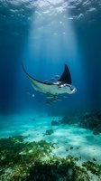 Majestic manta ray gliding through crystal clear tropical waters with sunbeams filtering down from surface above coral reef in deep blue ocean environment.