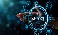 Technical support concept with hand touching virtual interface displaying customer service icons and digital elements in blue futuristic design for business solutions.