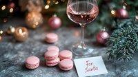 Pink macarons and rose wine glass with note for Santa near Christmas tree branches and festive bokeh lights on dark background, holiday treats.