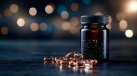 Dark amber glass bottle with scattered vitamin capsules on black surface against blurred bokeh lights background, moody pharmaceutical composition.