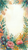 Watercolor floral frame with pink peonies, teal leaves, gold accents, and berries on a soft cream background with copy space.