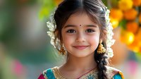 Young South Asian girl in traditional attire with jasmine flowers in braided hair and gold earrings smiles warmly against colorful bokeh background. Suitable for cultural themes.