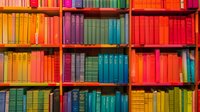 Colorful rainbow arrangement of books on wooden library shelves creating vibrant spectrum pattern, organized by color from yellow to red and blue for decorative display.