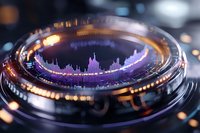 Close-up of digital audio waveform displayed on circular device with glowing purple visualization against dark background, surrounded by golden light reflections.