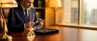 Professional mature businessman examining luxury watch collection in elegant office setting with warm golden lighting and city view.