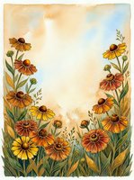 Watercolor autumn wildflower border frame with orange yellow blooms and green stems on textured paper background for greeting cards and invitations.