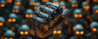 Robotic hand with metallic fingers and copper joints gripping cylindrical components against blurred orange and blue bokeh lights, representing artificial intelligence, automation, and future technology.