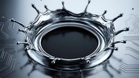 Liquid metal splash with crown-like spikes frozen in motion against dark background, isolated on transparent space for design projects and digital compositing.