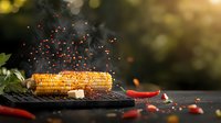 Grilled corn on black stone with flying red chili flakes and butter, dramatic food photography with golden bokeh background and fresh red chilies.