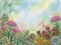Watercolor garden border with succulents and blooming flowers on soft pastel background, copy space for text or greeting card design.