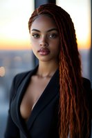 Young African American businesswoman with long red locs hairstyle wearing black blazer, photographed during sunset with soft bokeh city background and natural lighting.