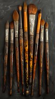 Vintage well-used artist paintbrushes with natural bristles and wooden handles arranged vertically on dark background, showing wear and character from years of use.